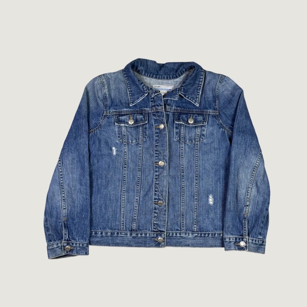 Old Navy Maternity Denim Jacket XL Blue Distressed Cotton Trucker Jean Jacket